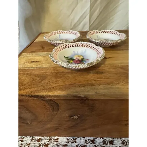 Set of 3 Vintage Bavarian Reticulated Porcelain Dishes Mid-Century Trinket Bowls - Picture 10 of 10